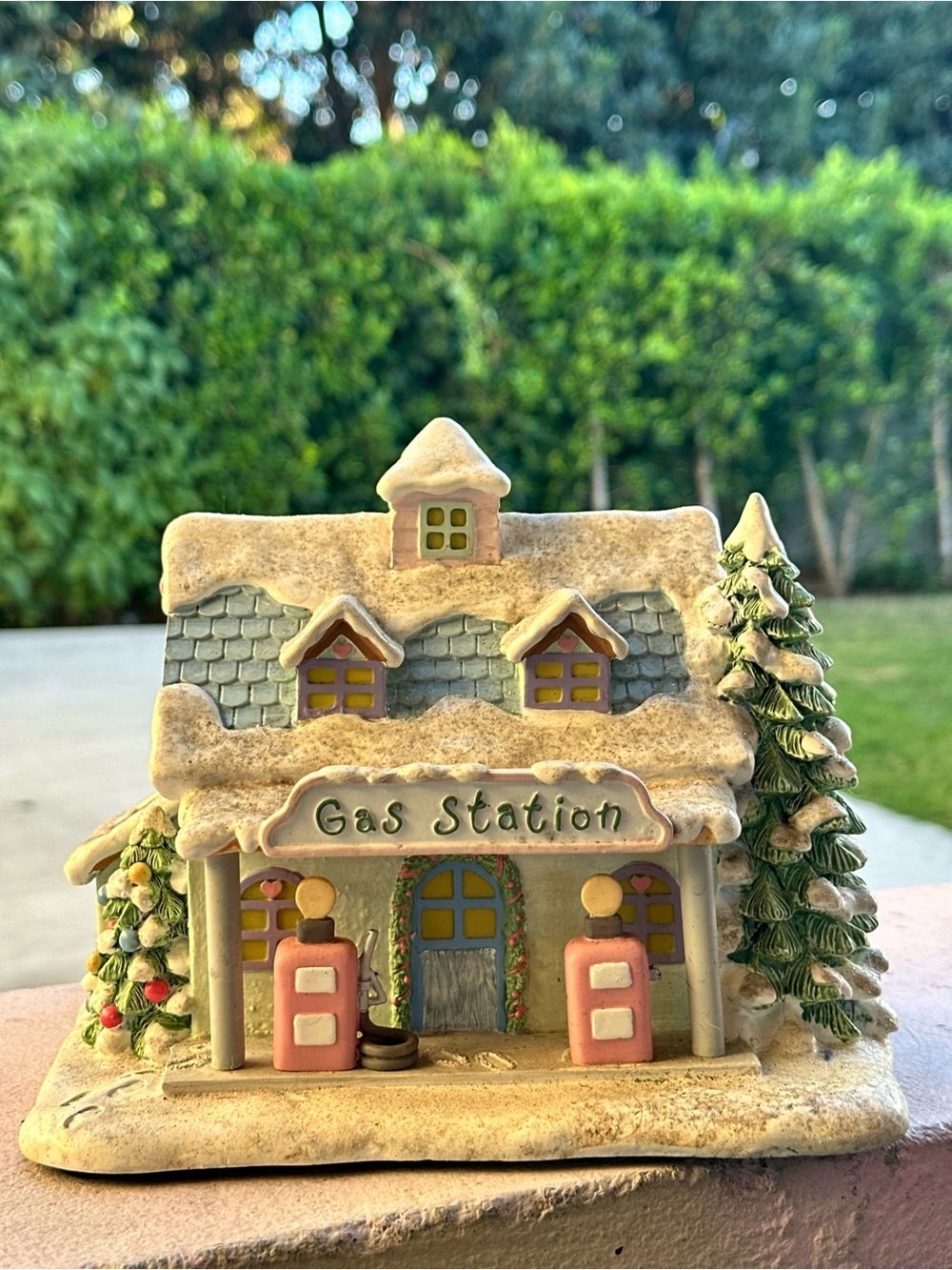 Festive Green & Cream Snowy Gas Station Holiday Figurine